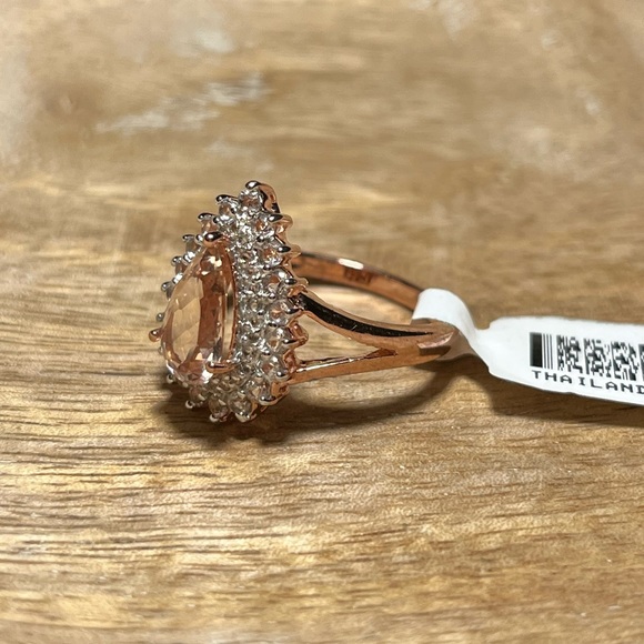 Synthetic Morganite & White Zircon Tear Drop Rose Gold Over Sterling Silver Ring - Picture 3 of 13